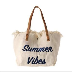 New SUMMER VIBES woven graphic beach bag with leather handles